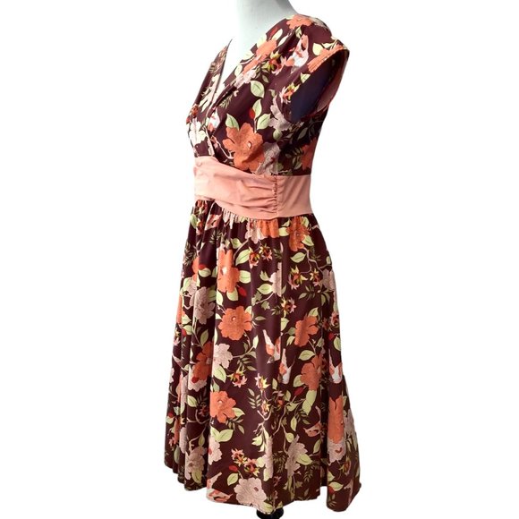 Folter Womens Brown Pink Floral Bird Crossover Bust Flare Skirt Retro Dress L - Picture 3 of 10